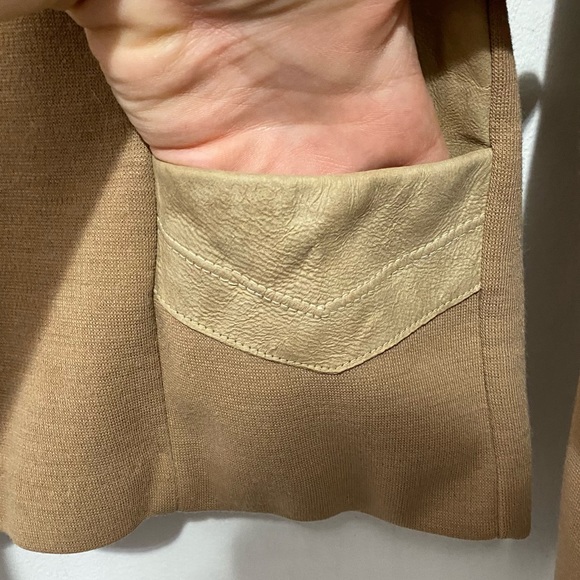 Vintage 70s Suede Knit Cardigan Sweater Patchwork Detail Camel Tan V-Neck M/L - Picture 9 of 15